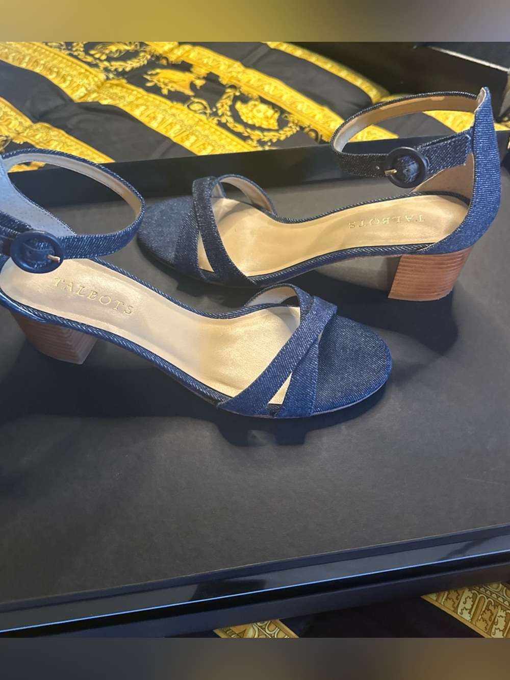 Talbots Navy Denim Block Heel Sandals Like New Sz 8M